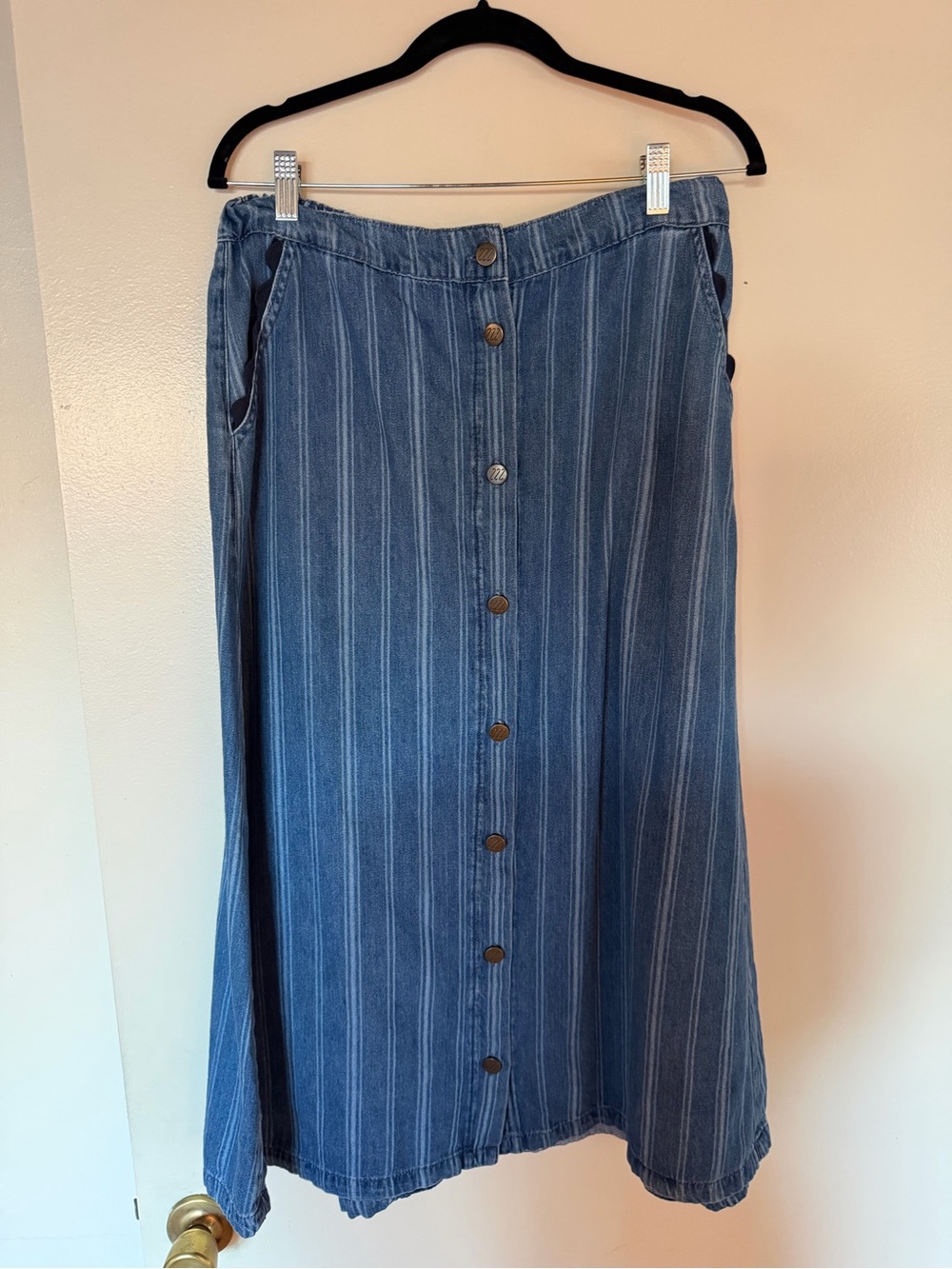 Vintage Monsoon Blue Striped Button-Front A-Line Skirt with Ric Rac Trim